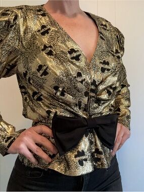 Gold Metallic V-Neck Long-Sleeve Vintage Top with Black Bow